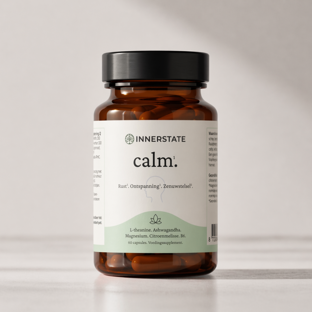 Innerstate calm — natuurlijk supplement voor rust en ontspanning, bruine glazen pot met 60 capsules met ashwagandha, L-theanine, citroenmelisse, magnesium en vitamine B6