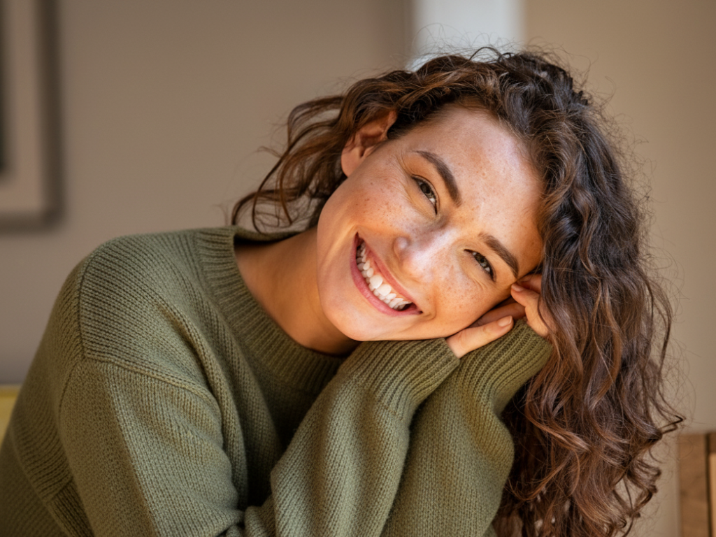 Vrouw in huiselijke setting met ontspannen houding
