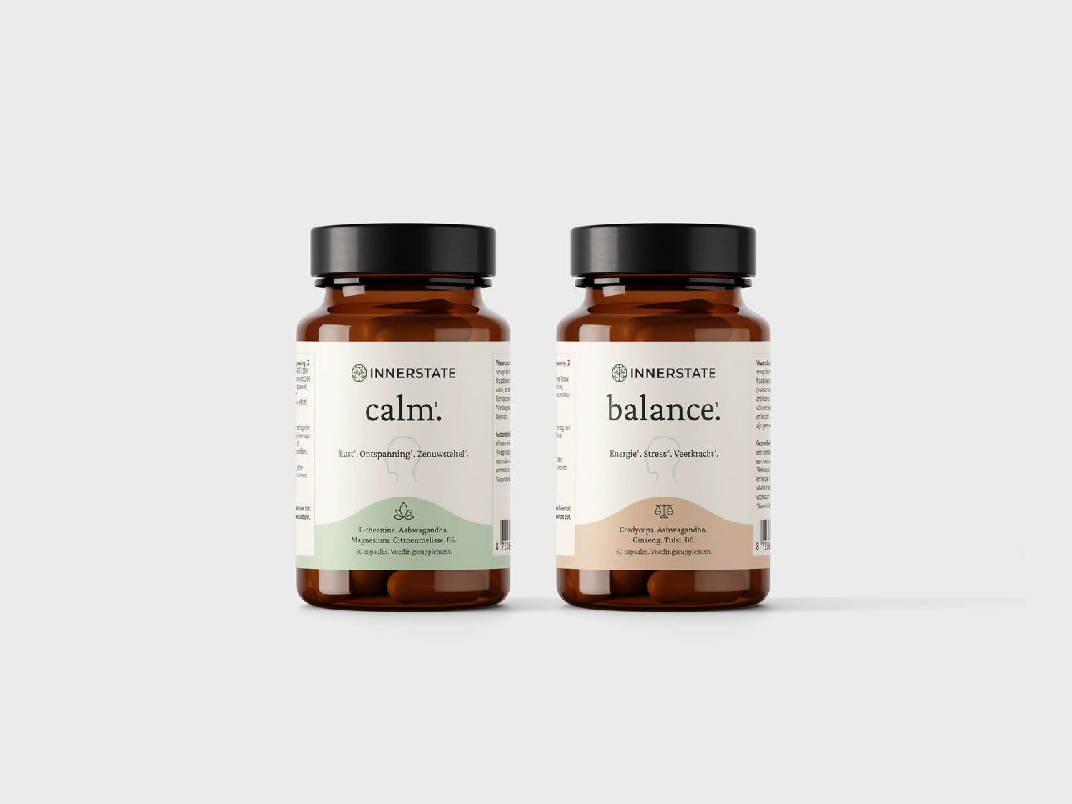 Innerstate Calm en Balance voedingssupplementen in glazen potten